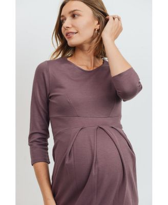 Maternity 3/4 Sleeve Round Neck Front Pleat Dress