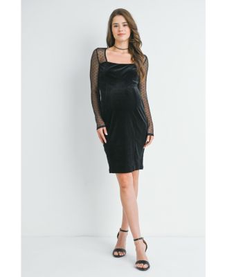 Maternity Sheer Long Sleeve Square Neck Veltvet Dress