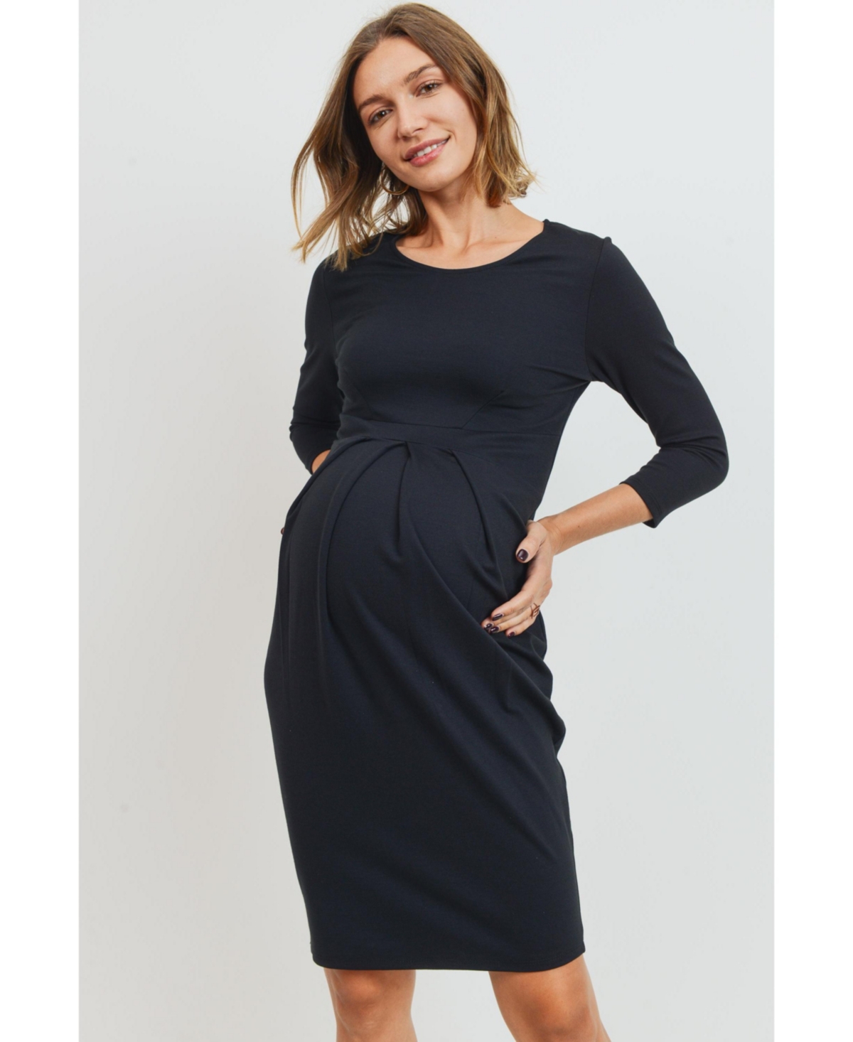 Hello Miz Maternity 3/4 Sleeve Round Neck Front Pleat Dress