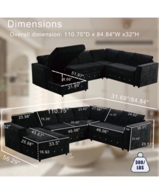 Sectional Sofa with Chaise, Modern U-Shaped Couch in Black Chenille