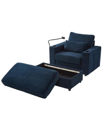 Modern Armchair Chaise Lounge Sofa w/ Ottoman, USB Ports, Cup & Phone Holders - Blue