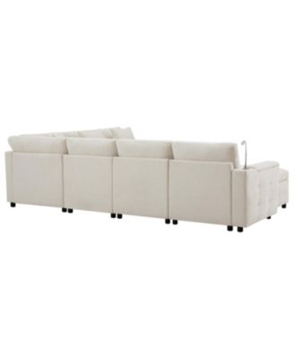 Modular Sectional Sofa Bed- Flip Table, Lamp, Ports, Ottoman, Tufted, 6 Pillows