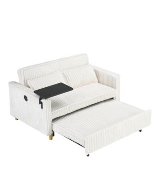  Beige Corduroy Pull-Out Sofa w/ Movable Tabletop & USB