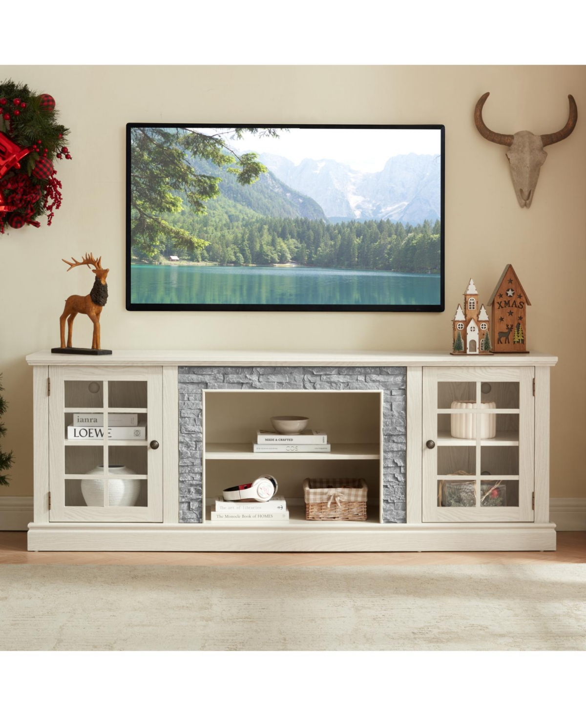 Streamdale Furniture 70" Modern Tv Stand, Faux Stone Media Console, White