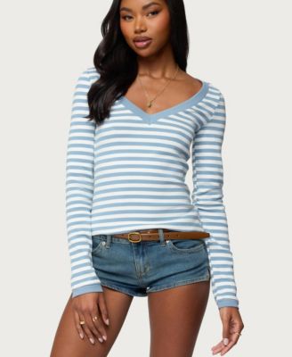 Women's Kimi Striped Long Sleeve V Neck Top