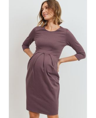 Maternity 3/4 Sleeve Round Neck Front Pleat Dress