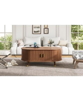  42.5" Oval Fluted Coffee Table with Charging Station, Sliding Door