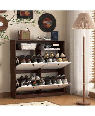 Shoe Storage Cabinet with 4 Flip Drawers , Shoe Rack Organizer Cabinet with wooden handle for Entryway, Hallway