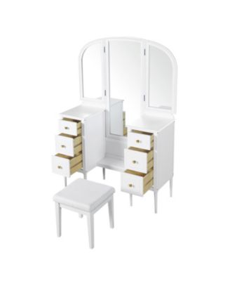 Antique White Vanity Set with Triple Mirror & Stool