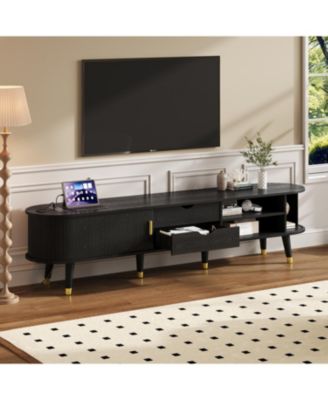 Wooden Oval TV Stand with Charging Station, Mid-Century Media Console, Black