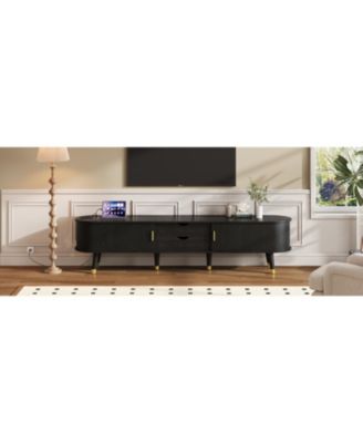 Wooden Oval TV Stand with Charging Station, Mid-Century Media Console, Black
