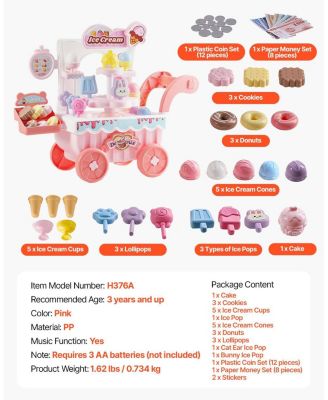 Kids Ice Cream Cart Pretend Play Set with 27 Accessories