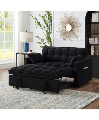 4 in1 Loveseat Sofa Bed with Armrests & Storage Pockets, Multi-Function Tufted Pull-out Sofa Bed with Adjustable