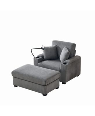 Oversized Corduroy Chaise Lounge Chair with Ottoman, Storage & USB - Grey