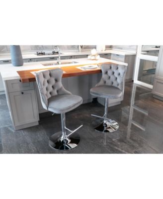 Streamdale Swivel Velvet Barstools, Adjustable Height, Chrome Base, Set of 2, Gray