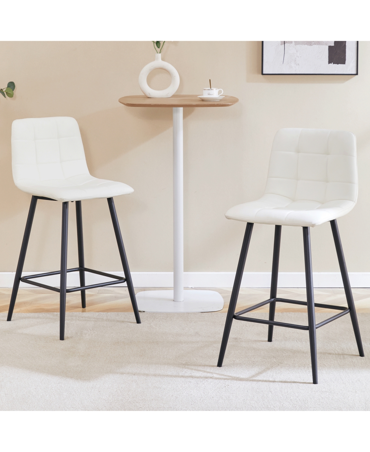 Streamdale Furniture Modern White Pu Bar Chairs - Set of 2 Black Legs