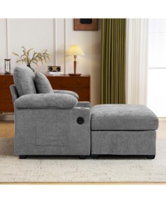 Oversized Chenille Chair with Ottoman USB & Cupholders