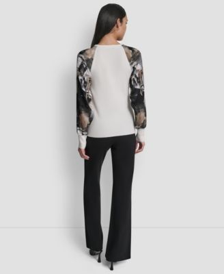 Women's Printed Organza-Sleeve V-Neck Shirt