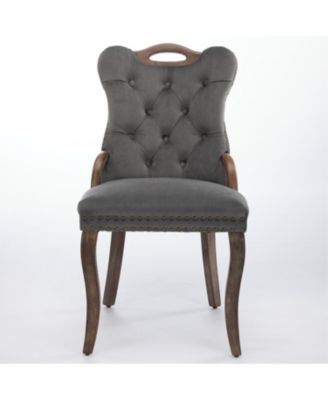  Velvet Tufted Dining Chairs, Wood Handles & Legs, Copper Nails, Set of 2, Gray