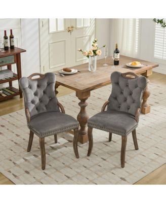  Velvet Tufted Dining Chairs, Wood Handles & Legs, Copper Nails, Set of 2, Gray