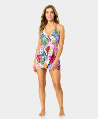 Women's V-Neck Surplice Skirted One-Piece Swim Dress