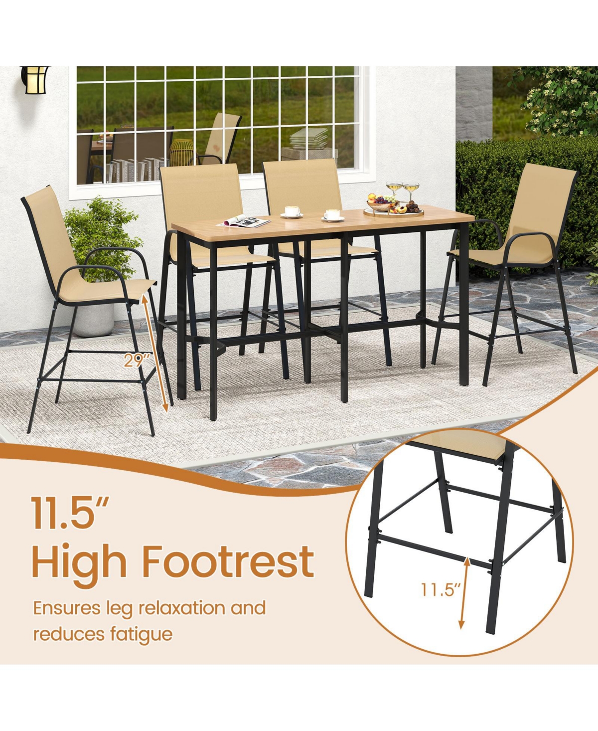 Gymax 4PCS Outdoor Bar Stools 29'' Fabric Height w/ Armrests & Footrest