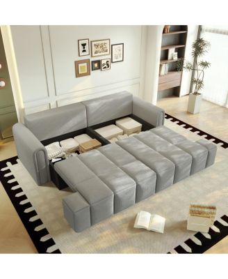 Modern 4-Seat Teddy Fabric Sleeper Sofa with Storage, 90" Pull-Out Couch Bed, King Size Convertible for Living Room
