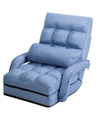 Blue Folding Lazy Sofa Floor Chair Sofa Lounger Bed with Armrests and Pillow