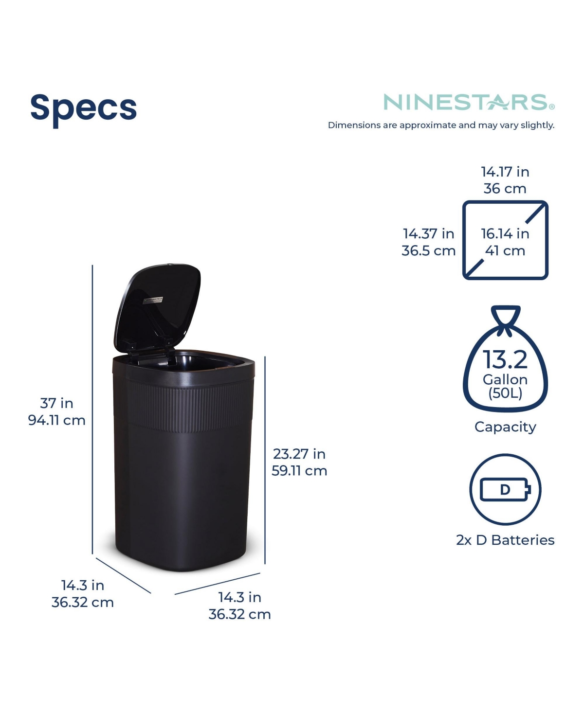 Ninestars 13 Gallons Automatic Kitchen Trash Can, 50 Liters Touchless Motion Sensor Trash Can Black Plastic