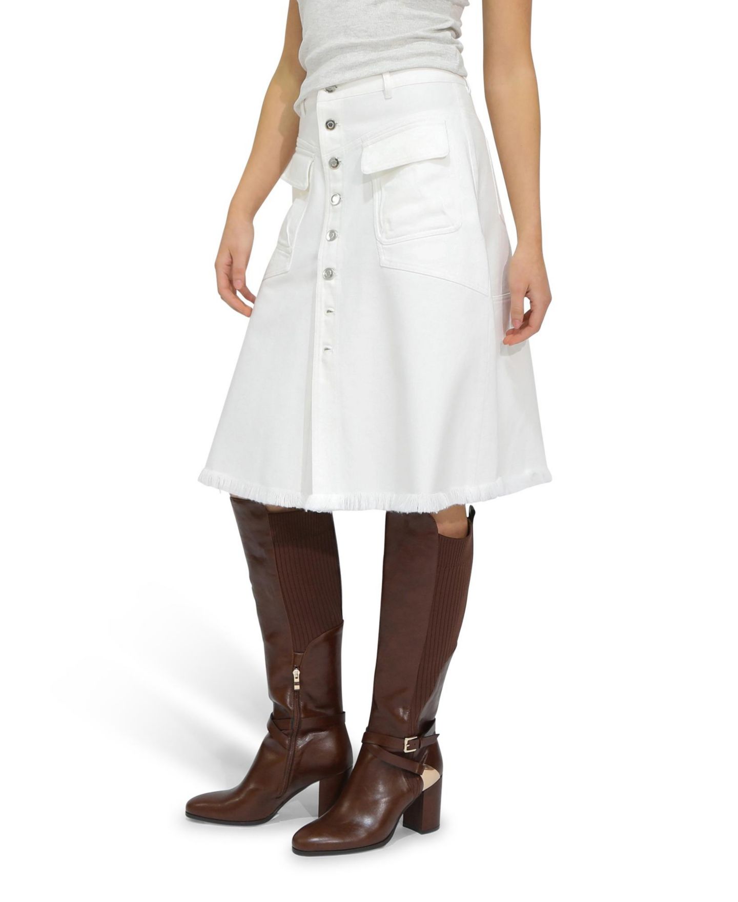 Женская юбка Belle & Bloom Let Me Wander Button Front Denim Midi, цвет: Молочный белый — фото 3
