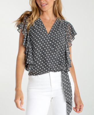 Women's Short Ruffle-Sleeve Drape Front Woven Blouse