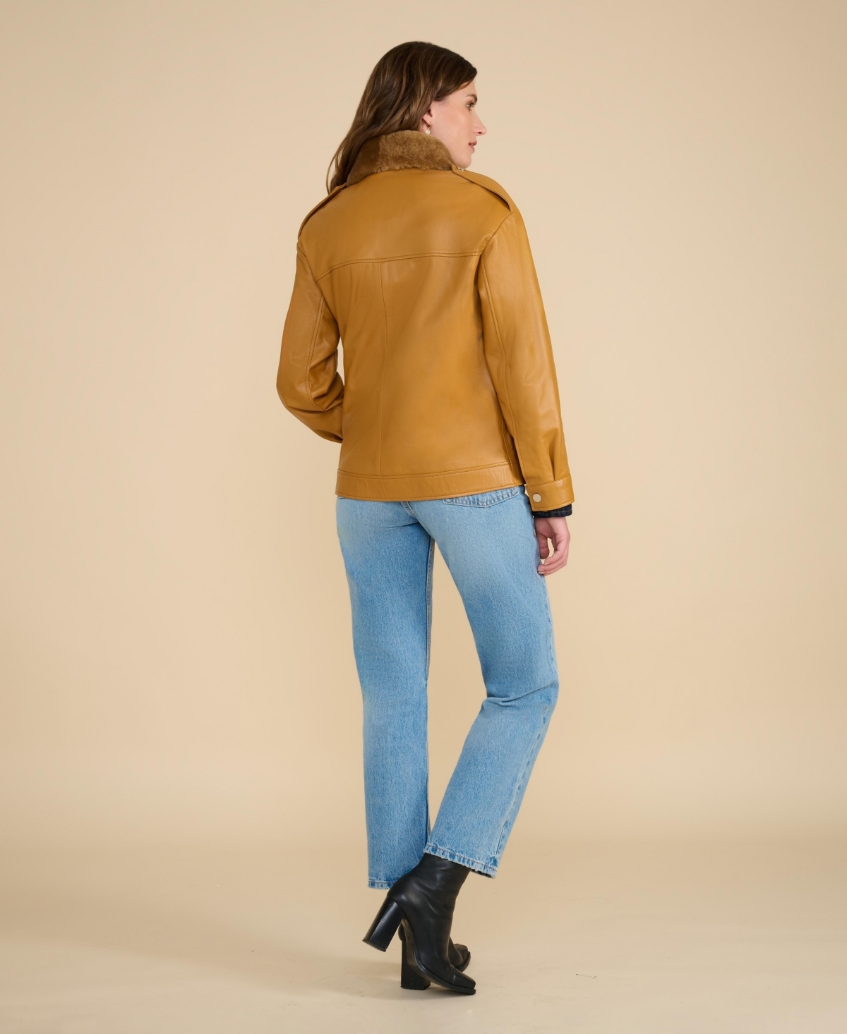 Furniq Uk Women's Leather Jacket with Detachable Shearling Collar