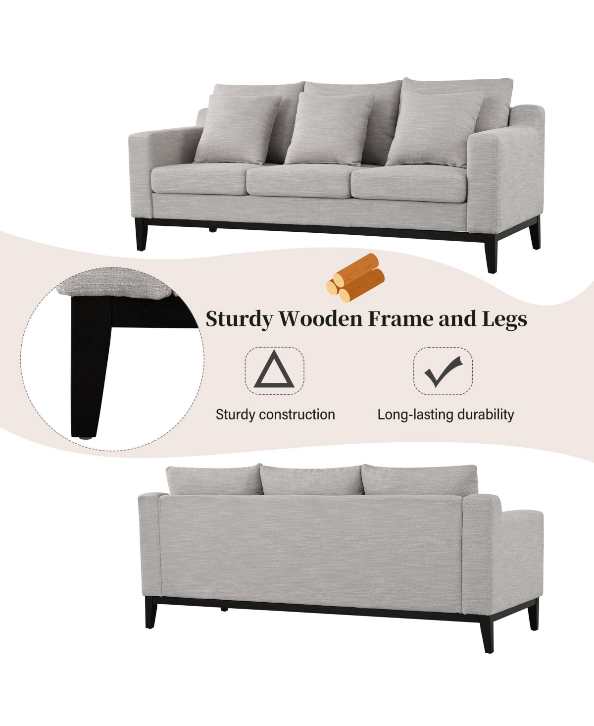 Streamdale Mira Comfy 3-seat Sofa with Wooden Legs, Modern for Living Room and Study