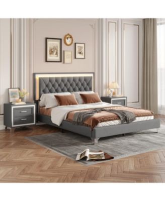 Streamdale Queen Upholstered LED Bed Set with 2 Nightstands