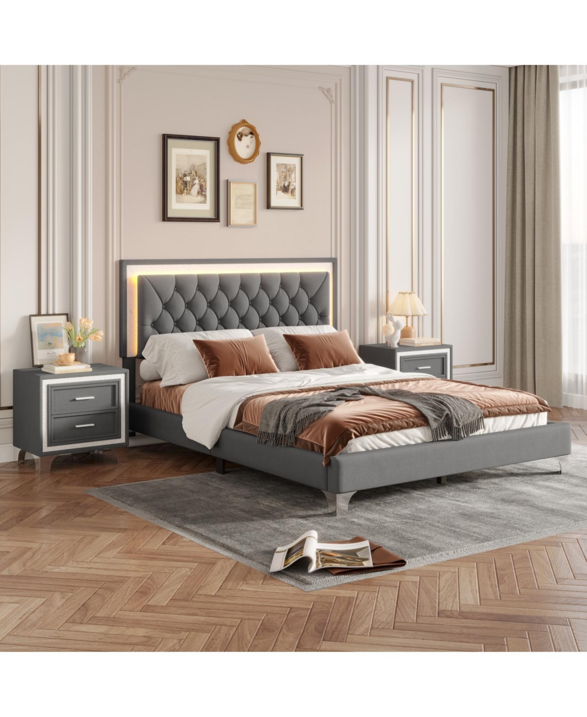 Streamdale Furniture Queen Upholstered Led Bed Set with 2 Nightstands