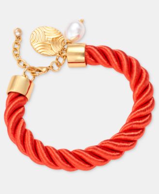 Gold-Tone Textured Disc & Imitation Pearl Ribbon Rope Bracelet