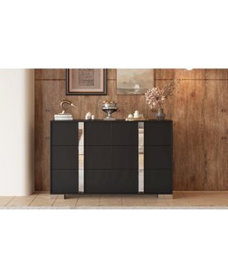 Modern Black Dresser with Mirrored Storage & 6 Drawers