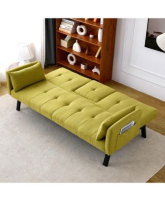 70" Cotton Linen Sofa Bed- Foldable, Cup Holder, Side Storage