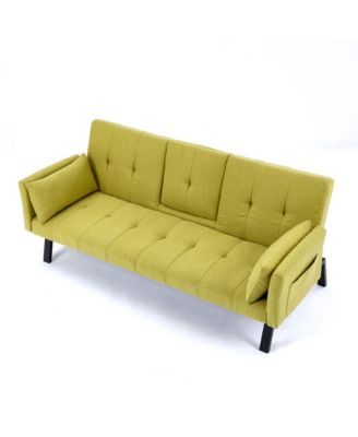 70" Cotton Linen Sofa Bed- Foldable, Cup Holder, Side Storage