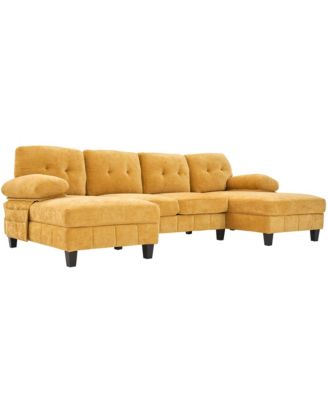 U-Shaped Chenille Sectional Sofa with Dual Chaise & Storage - Yellow