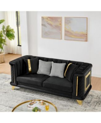 Velvet 3 Seater Sofa, Gold Trim, Tufted Couch with Pillows
