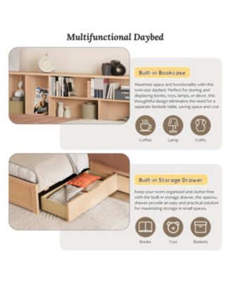  Twin L-Shaped Daybed with Trundle, Storage & Bookcases - Natural