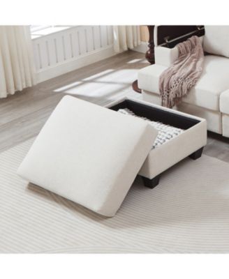 Beige Linen L-Shaped Sectional Sofa with Ottoman