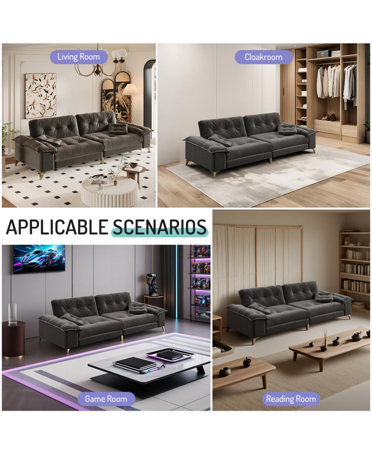 Streamdale Furniture Modern 4-Seat Cloud Sofa, Wide Arms, Tufted, Chenille, Dark Grey