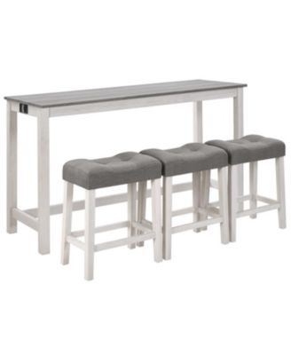 Bar Table Set with 3 Stools, Power Outlet, White & Grey