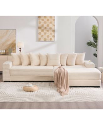 Corduroy L-Shaped Sectional Sofa with Ottoman, Pillows & Cup Holders - Beige