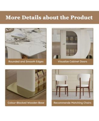 63" Modern Dining Table Set, Burnt Stone Top, Gold Base, 4 White Chairs