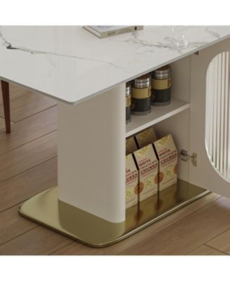 63" Modern Dining Table Set, Burnt Stone Top, Gold Base, 6