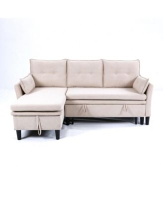 L-Shaped Sectional Sofa w/ Storage - Beige Cotton-Linen