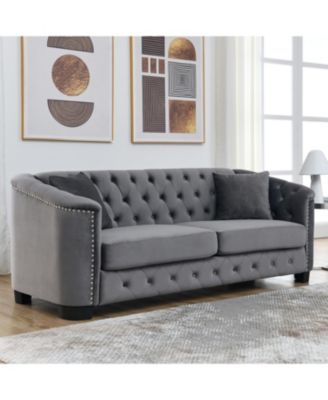 77" Modern Chesterfield Velvet Sofa, Tufted 3-Seater, Nailhead Arms (Grey
